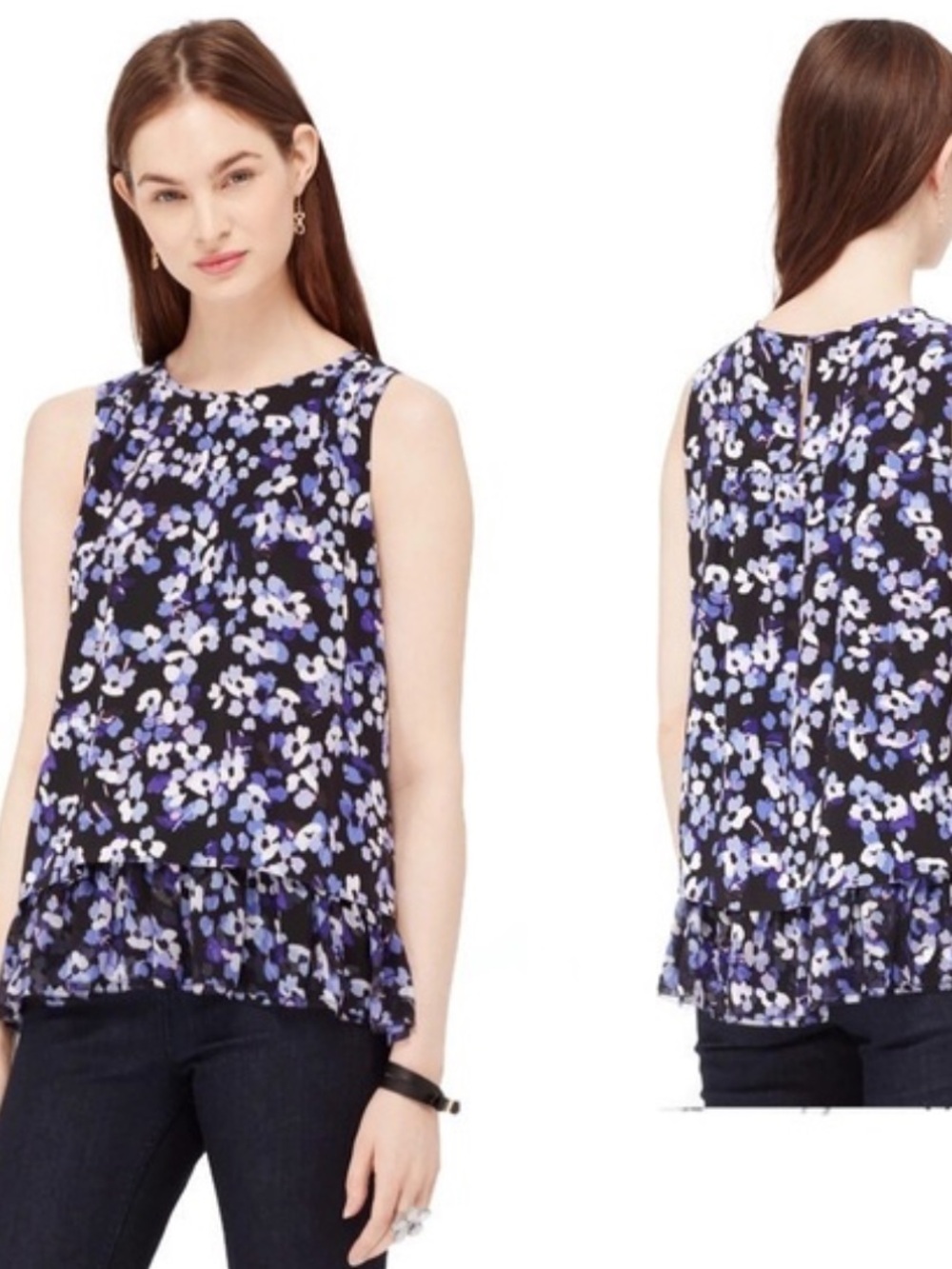Kate Spade Floral Sleeveless Ruffle-Hem 100% Silk Top‎ Purple Size XL